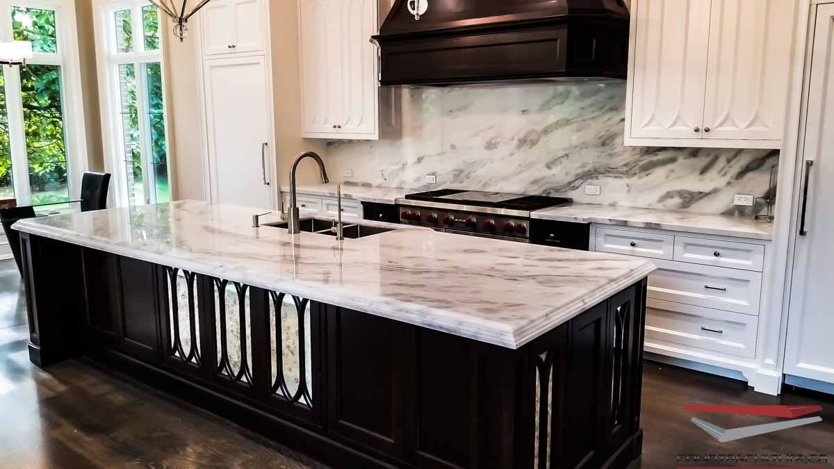 White Marble Kitchen Countertops and Island with a full height backsplash