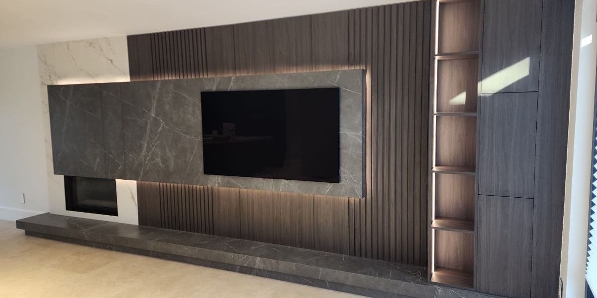 Dark Gray Porcelain Slap TV Fireplace and Hearth Living Area