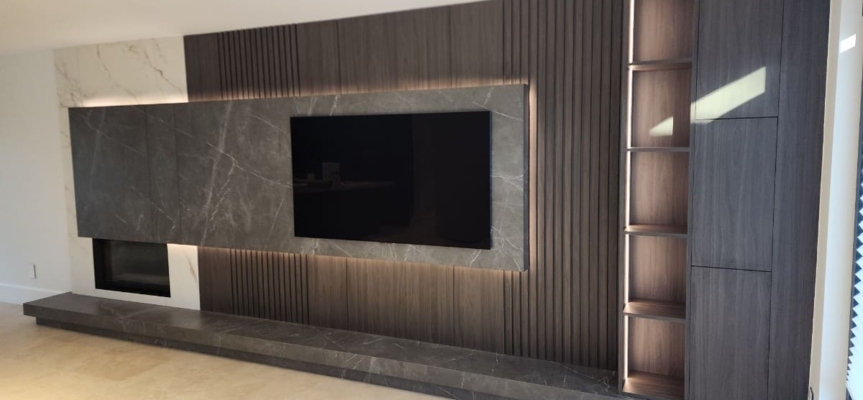 Dark Gray Porcelain Slab TV Fireplace and Hearth Living Area