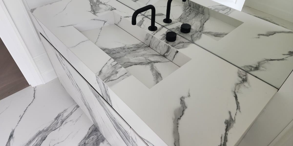 Full Porcelain Slab Integrated Sink and Vanity Top Down Shot
