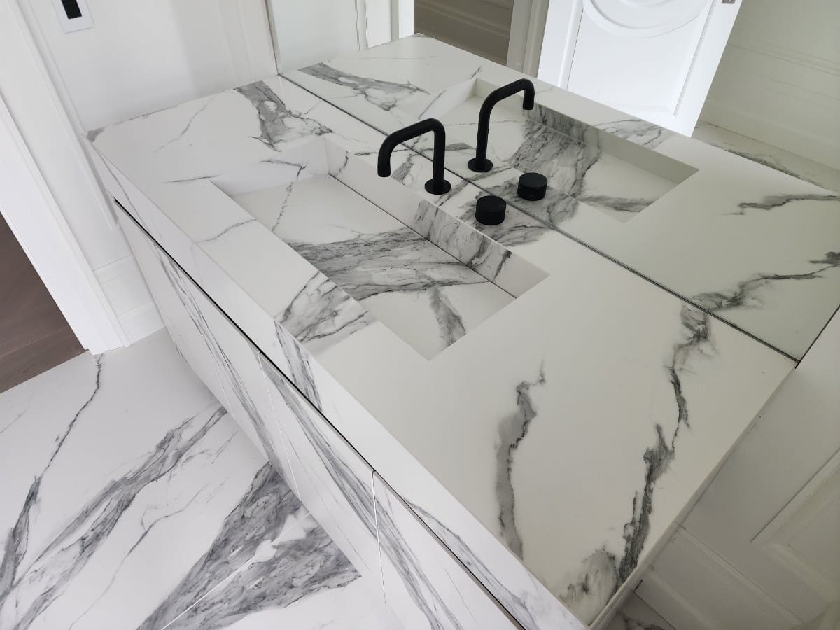 Full Porcelain Slab Integrated Sink and Vanity Top Down Shot