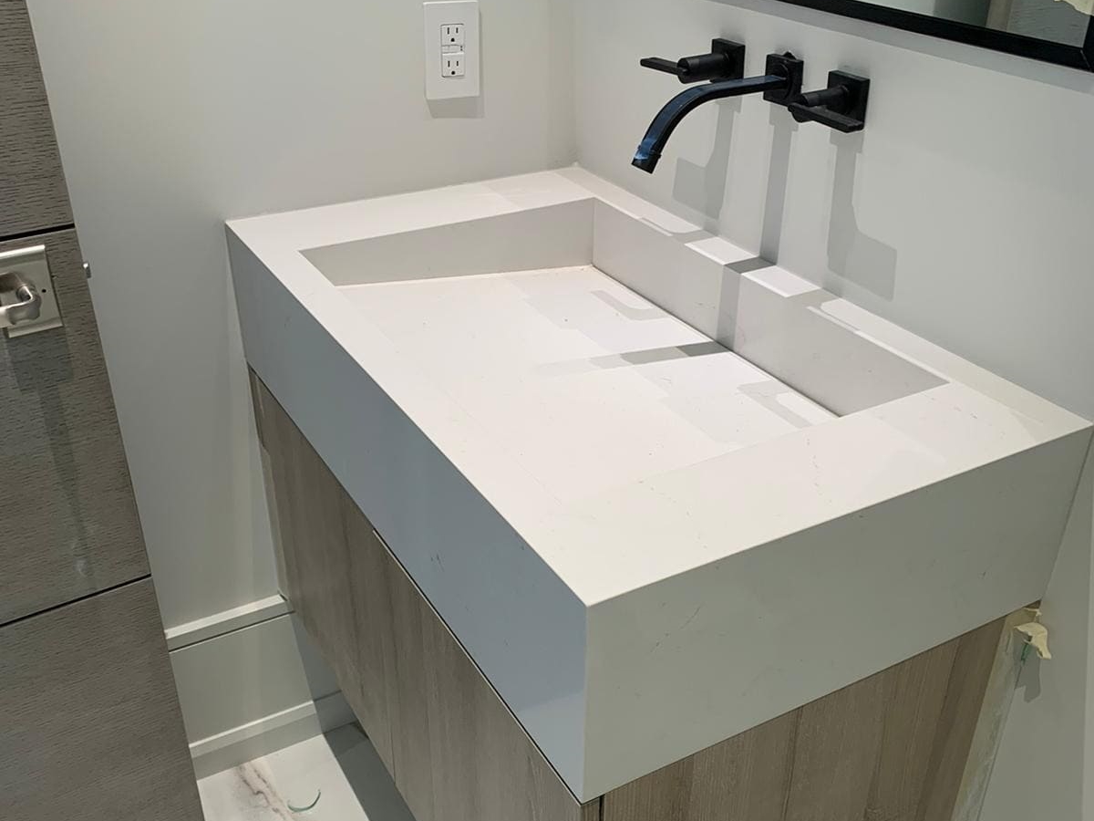 Porcelain Slab Integrated Sink Percfectly Fits Small Vanity