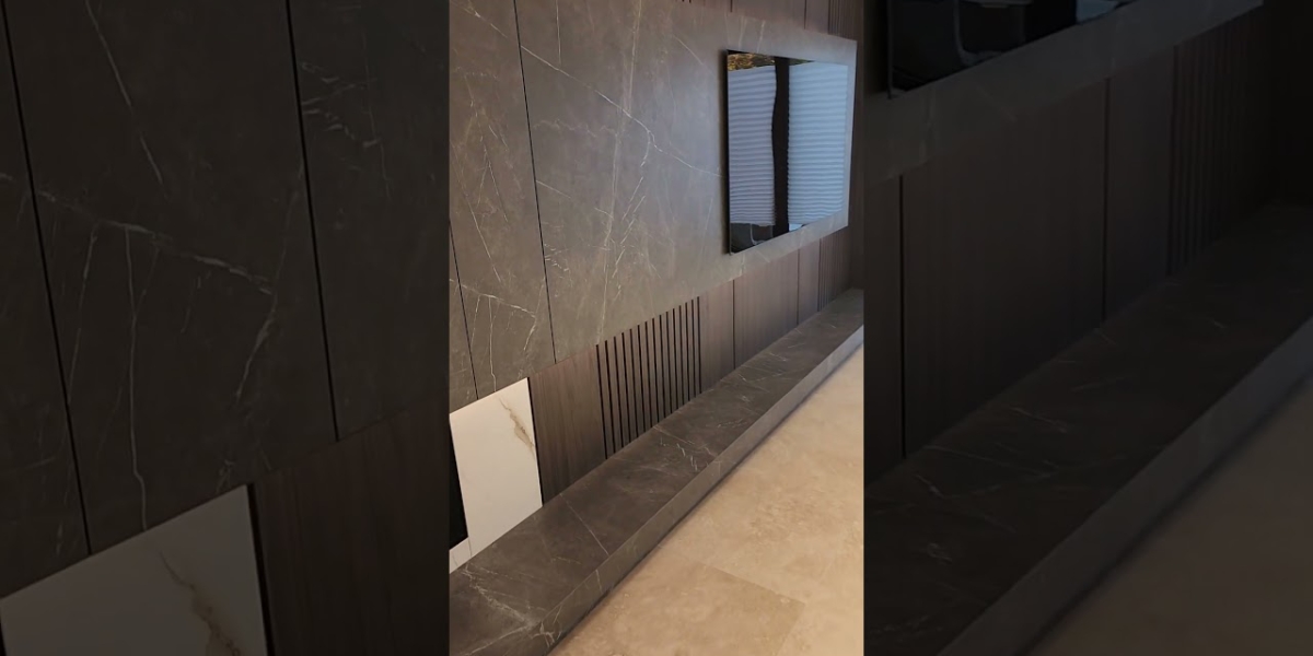 Dark Gray Porcelain Slab TV Fireplace and Hearth Living Area Walkthrough